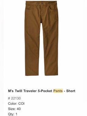 Patagonia Men's Twill Traveler 5-Pocket Pants - Short - khaki Brown - 40 x 30